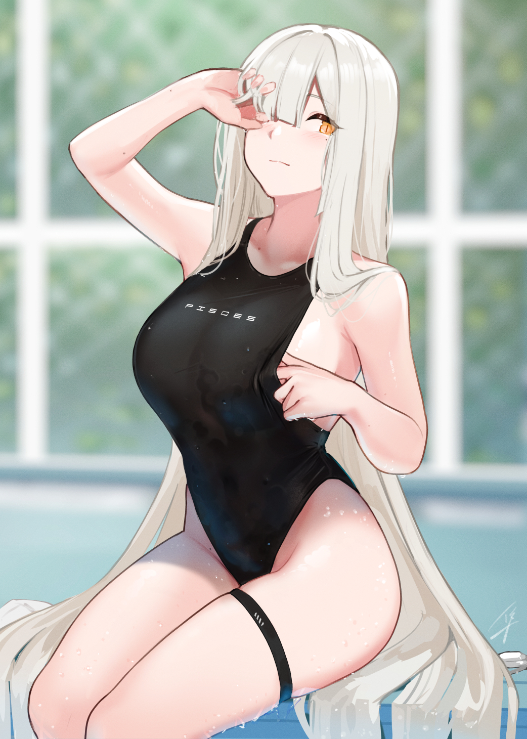 1girl bangs bare_shoulders black_swimsuit blush breasts day hair_over_one_eye hand_in_hair hayabusa highleg highleg_swimsuit highres large_breasts long_hair looking_at_viewer mole mole_under_eye one-piece_swimsuit orange_eyes original outdoors pool sitting soaking_feet solo swimsuit thigh_strap thighs white_hair