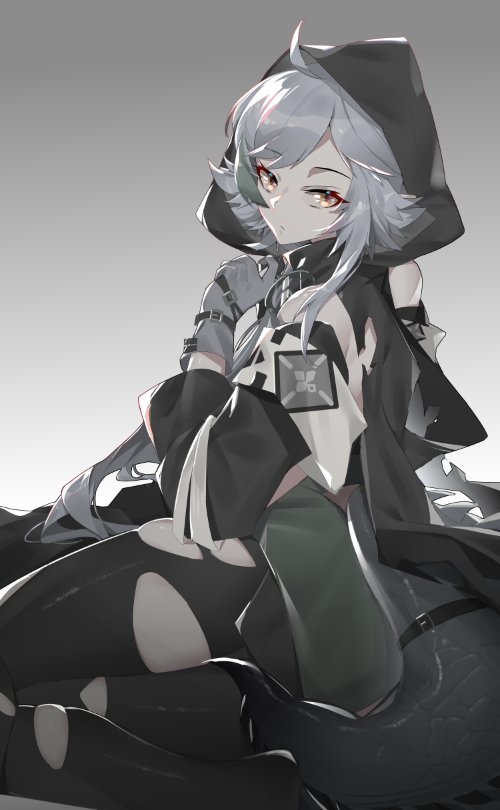 1girl ahoge arknights bare_shoulders black_legwear commentary gloves gradient gradient_background grey_background grey_gloves hood long_hair long_sleeves newflame silver_hair solo tail thighs tomimi_(arknights)