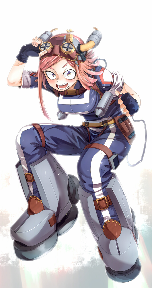 1girl :o boku_no_hero_academia boots breasts brown_hair fingerless_gloves full_body gloves goggles goggles_on_head hatsume_mei looking_at_viewer medium_breasts medium_hair sakurai_energy simple_background solo symbol-shaped_pupils u.a._gym_uniform white_background