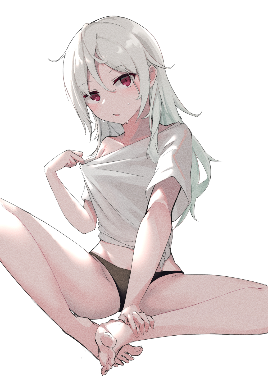 0shino 1girl albino barefoot black_panties butterfly_sitting feet highres hot long_hair looking_at_viewer no_pants off_shoulder original panties parted_lips red_eyes shirt shirt_tug short_sleeves simple_background solo sweat thighs tied_shirt underwear white_background white_hair white_shirt