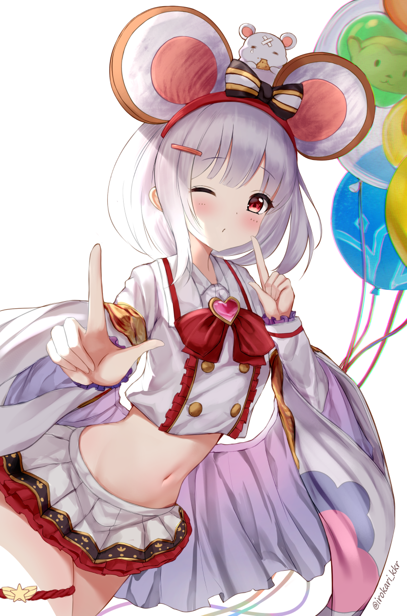 1girl animal_ears animal_on_head balloon bangs blunt_bangs blush bow breasts brooch buttons cheese collared_shirt commentary cowboy_shot crop_top crop_top_overhang eyebrows_visible_through_hair fake_animal_ears food granblue_fantasy groin hair_ornament hairband hairclip heart highres index_fingers_raised irokari jewelry koi_dance long_sleeves looking_at_viewer midriff miniskirt mouse mouse_ears navel on_head one_eye_closed outstretched_arm pleated_skirt red_eyes red_hairband red_ribbon ribbon shawl shirt short_hair sidelocks silver_hair simple_background skirt small_breasts solo standing thigh_strap twitter_username vikala_(granblue_fantasy) white_background white_shawl white_shirt white_skirt