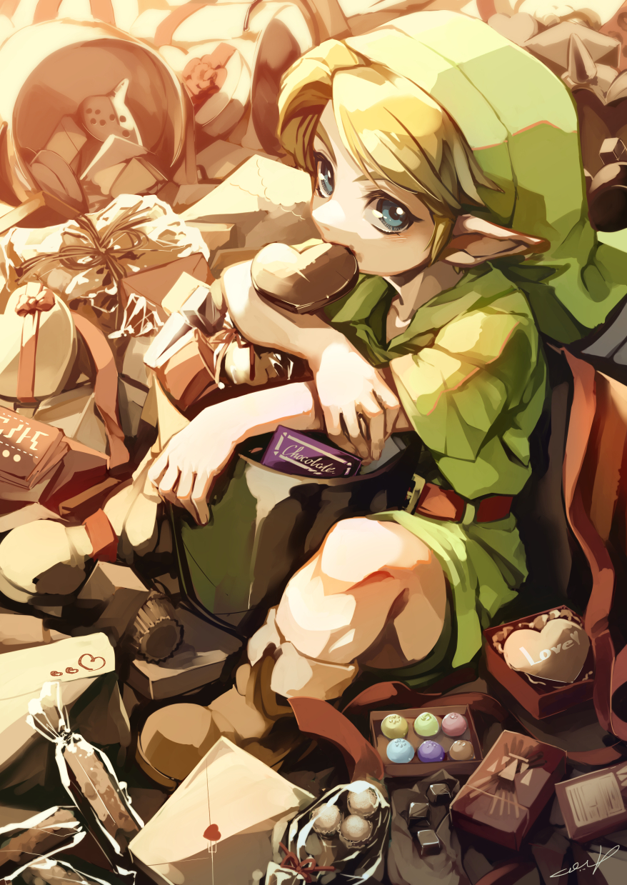 1boy bag bangs belt blonde_hair blue_eyes boots brown_belt brown_footwear candy chocolate chocolate_heart commentary_request food green_headwear green_shirt hat heart highres in_mouth kandori_makoto link looking_at_viewer male_focus mouth_hold pointy_ears shirt short_sleeves shorts sitting solo the_legend_of_zelda the_legend_of_zelda:_majora's_mask weapon
