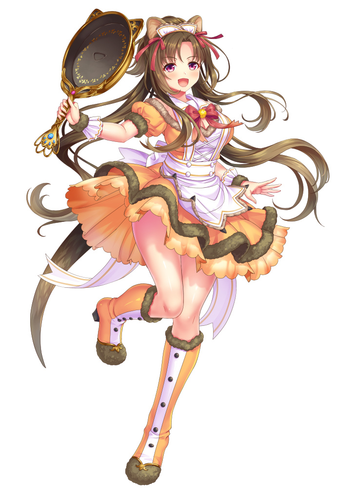 1girl animal_ears apron blush boots brown_hair dress eyebrows_visible_through_hair frills frying_pan full_body holding knee_boots long_hair maid_headdress open_mouth orange_dress orange_footwear original otosume_ruiko puffy_sleeves red_ribbon ribbon short_sleeves simple_background smile solo standing standing_on_one_leg thighs very_long_hair violet_eyes white_apron white_background