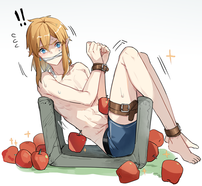 1boy apple bangs barefoot bdsm blonde_hair blue_eyes blush bondage bound bound_wrists clenched_hands collarbone commentary_request earrings food from_side fruit gag gagged grey_background hair_between_eyes hands_up jewelry leopardtiger link looking_at_viewer lying male_focus male_underwear on_back otoko_no_ko restrained shaded_face shirtless shorts sitting solo sparkle the_legend_of_zelda the_legend_of_zelda:_breath_of_the_wild thigh_strap underwear