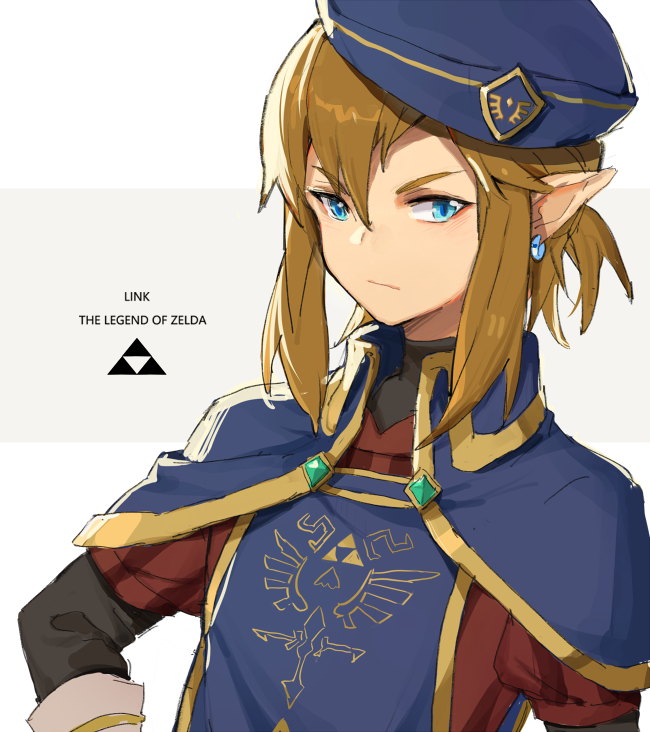 1boy alternate_costume bangs blonde_hair blue_eyes blue_headwear closed_mouth commentary_request earrings elf frown grey_background hat hylian jewelry leopardtiger link long_sleeves looking_at_viewer male_focus nintendo nintendo_ead pointy_ears sidelocks solo tabard the_legend_of_zelda the_legend_of_zelda:_breath_of_the_wild triforce two-tone_background upper_body v-shaped_eyebrows white_background