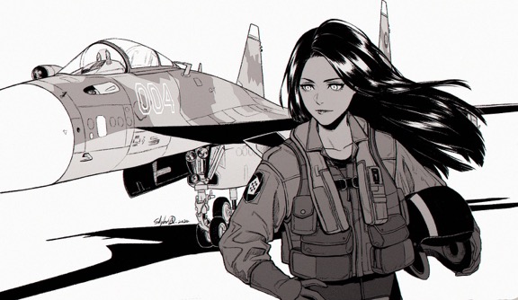 1girl ace_combat ace_combat_04 aircraft airplane black_hair collarbone fighter_jet hand_on_hip holding jet long_hair looking_to_the_side military military_vehicle monochrome patch pilot pilot_helmet pilot_suit shadow signature skyleranderton solo standing su-37 yellow_4