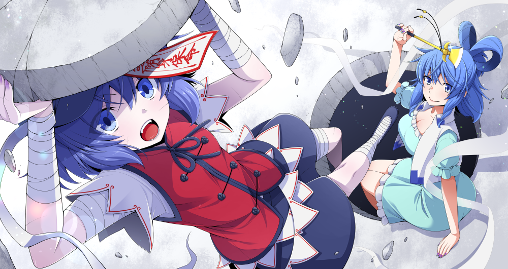 2girls bandaged_arm bandaged_leg bandages black_footwear black_skirt blue_dress blue_eyes blue_hair blue_headwear breasts commentary_request dress eichi_yuu grey_background hagoromo hair_ornament hair_rings hair_stick hat holding kaku_seiga medium_breasts medium_hair miyako_yoshika multiple_girls open_mouth purple_nails red_shirt shawl shirt shoes short_sleeves skirt talisman touhou vest white_vest