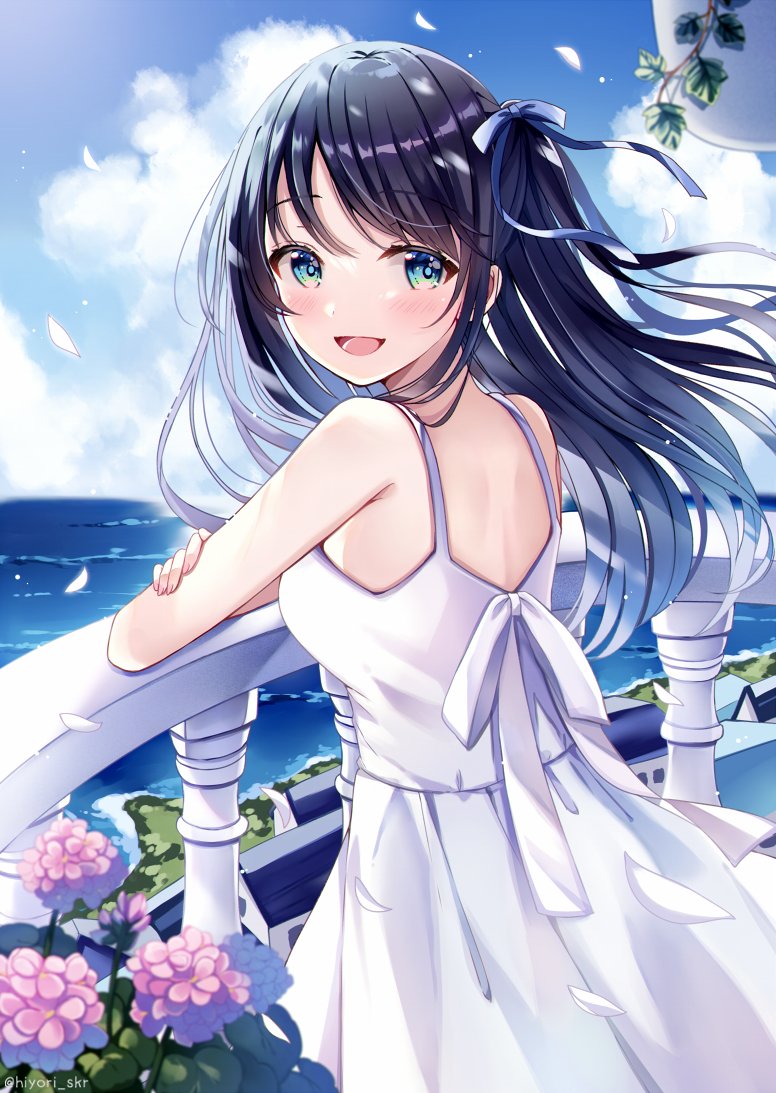 1girl :d blue_eyes blue_hair blue_ribbon blue_sky blush clouds cloudy_sky commentary_request crossed_arms day dress flower from_behind hair_ribbon long_hair looking_at_viewer looking_back ocean one_side_up open_mouth original ribbon sakura_hiyori sky sleeveless sleeveless_dress smile solo spaghetti_strap twitter_username white_dress