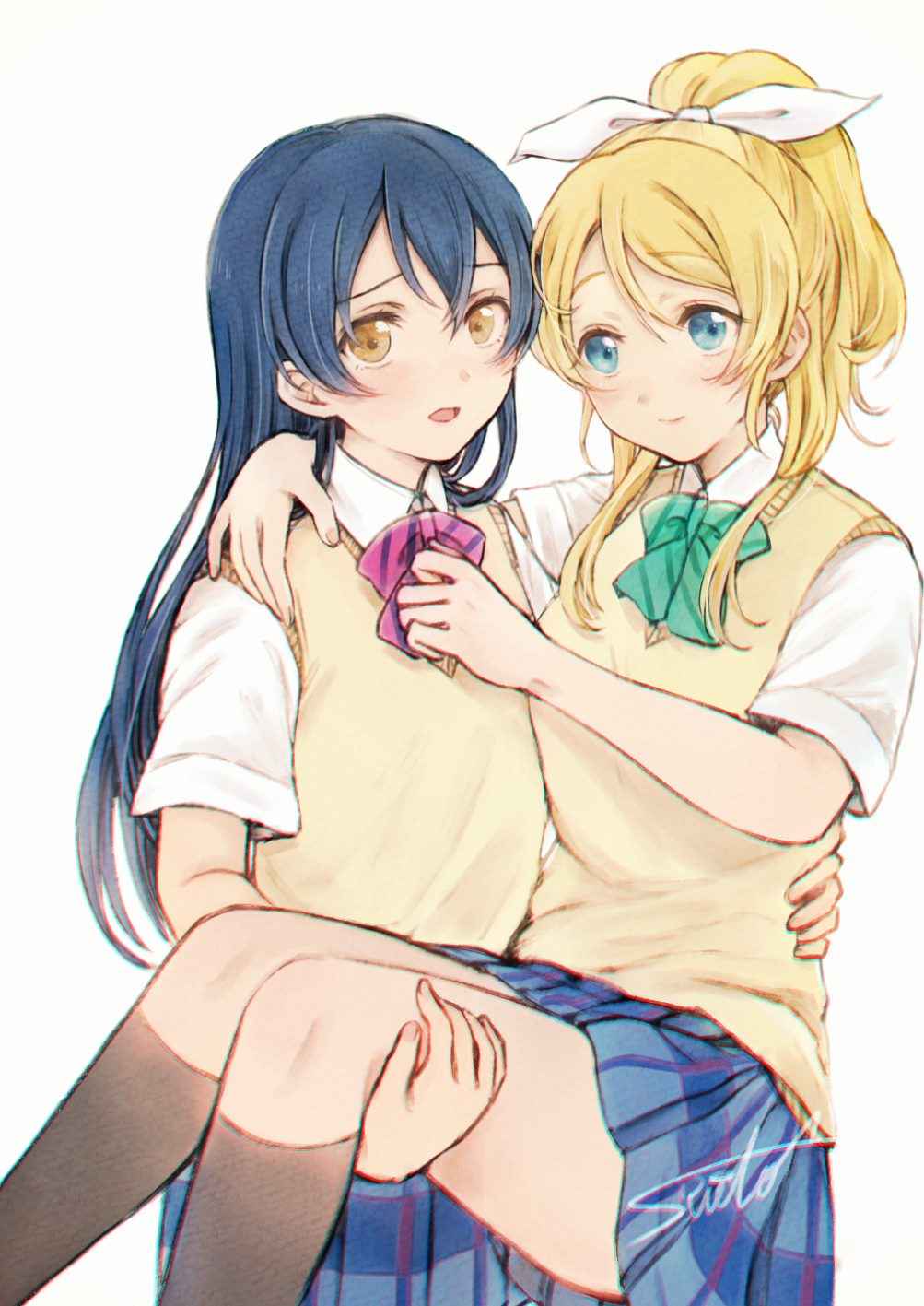 2girls artist_name ayase_eli bangs black_legwear blue_hair blush bow bowtie carrying commentary_request green_neckwear hair_between_eyes highres kneehighs long_hair love_live! love_live!_school_idol_project multiple_girls open_mouth otonokizaka_school_uniform ponytail princess_carry red_neckwear school_uniform scrunchie short_sleeves simple_background sonoda_umi striped striped_bow striped_neckwear suito sweater_vest white_background white_scrunchie yellow_eyes