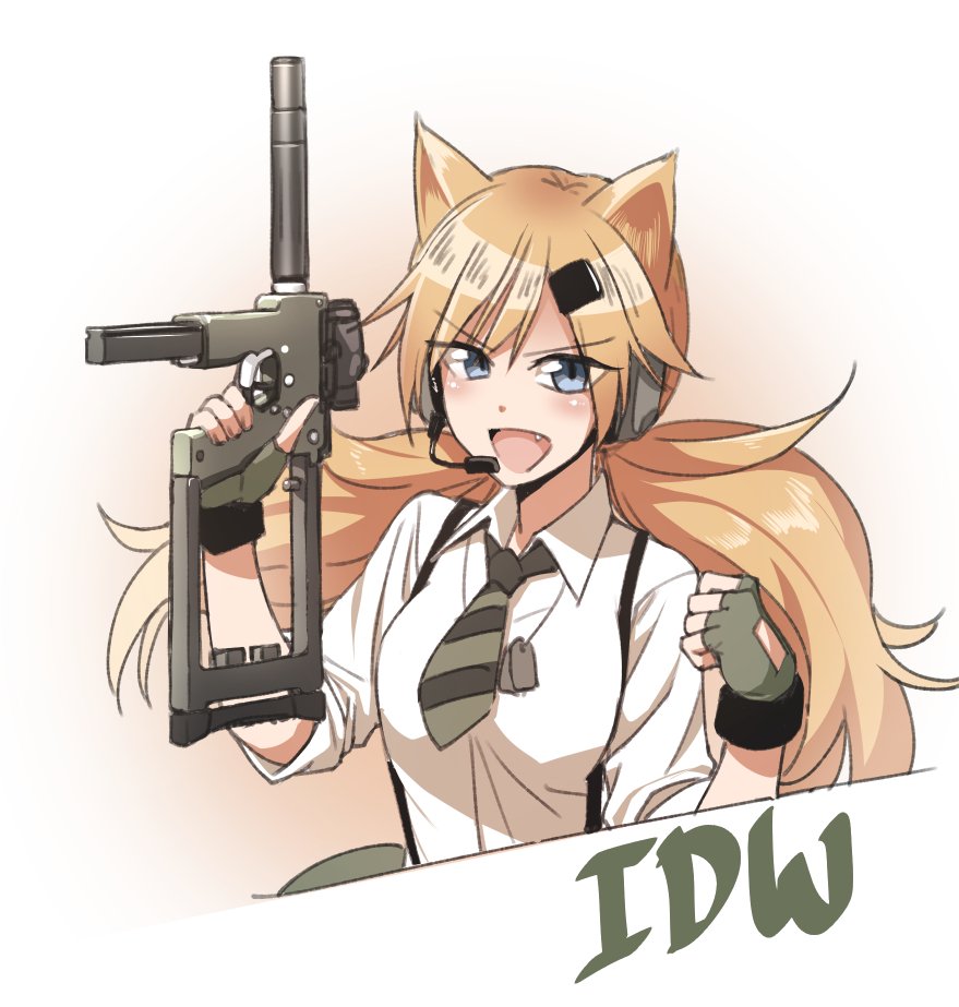1girl animal_ears blonde_hair blue_eyes character_name clenched_hand fingerless_gloves girls_frontline gloves green_gloves green_neckwear gun holding holding_gun holding_weapon idw_(girls_frontline) korean_commentary long_hair looking_at_viewer necktie parker-hale_idw shino_(r_shughart) solo upper_body weapon