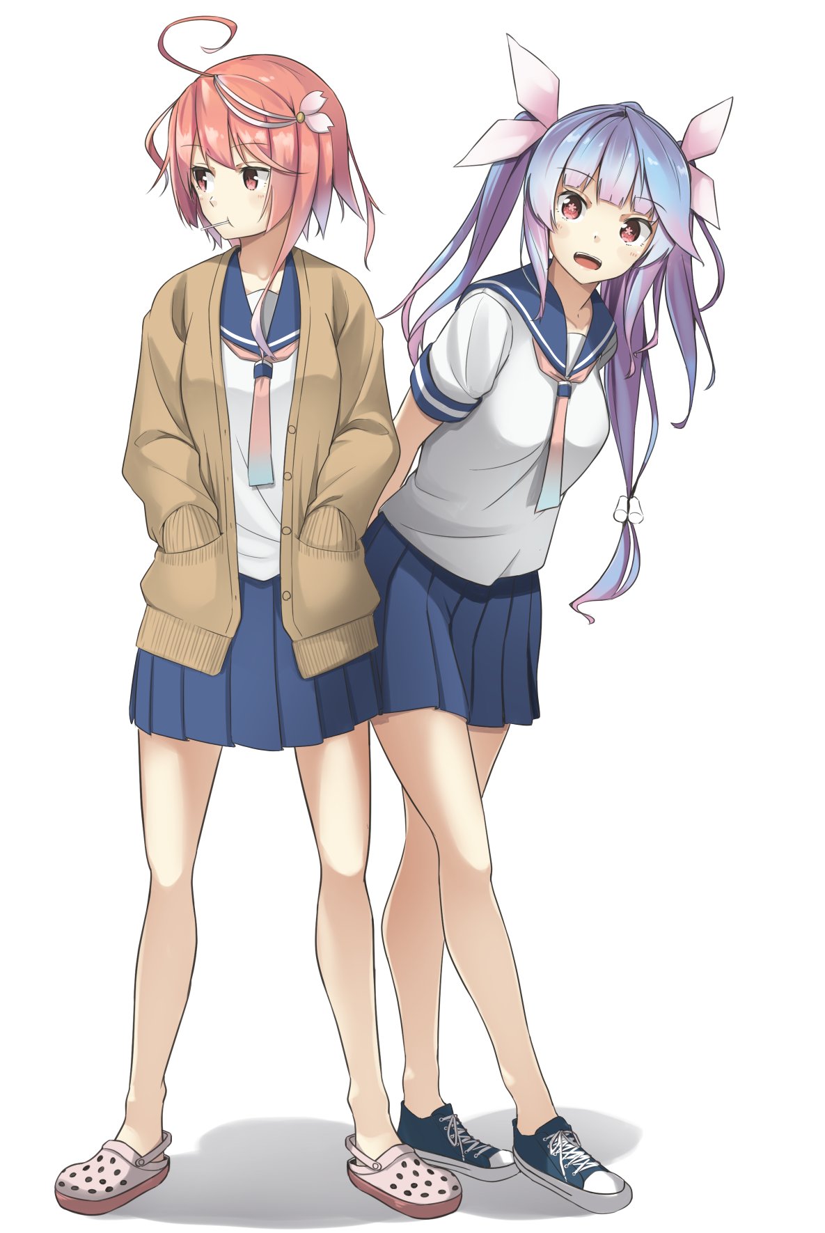 2girls ahoge blue_hair blue_sailor_collar blue_skirt blush brown_cardigan buttons cardigan collarbone eyebrows_visible_through_hair flower-shaped_pupils full_body hair_between_eyes hands_in_pockets highres i-19_(kantai_collection) i-58_(kantai_collection) kantai_collection long_hair long_sleeves multiple_girls neckerchief negahami open_mouth pink_eyes pink_hair pink_neckwear pleated_skirt red_eyes sailor_collar school_uniform serafuku shadow short_hair short_sleeves simple_background skirt smile standing tri_tails white_background