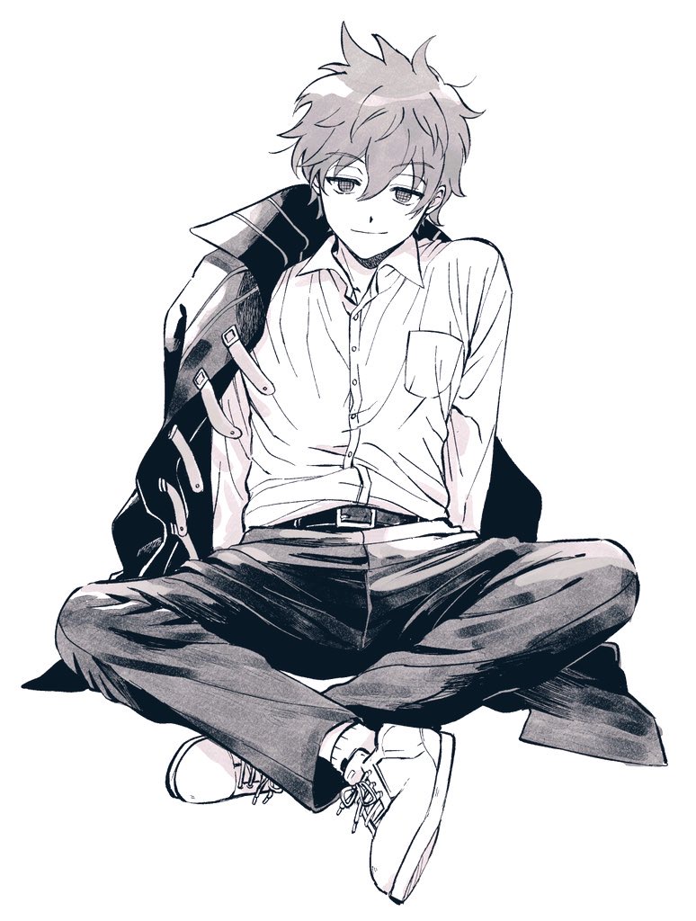 1boy arm_support arms_at_sides baburo belt breast_pocket coat collared_shirt crossed_ankles dress_shirt greyscale hair_between_eyes jacket jacket_on_shoulders leaning_back long_sleeves looking_at_viewer male_focus monochrome pocket school_uniform shirt shoes simple_background sitting smirk sneakers socks solo tachikawa_kei uniform world_trigger younger