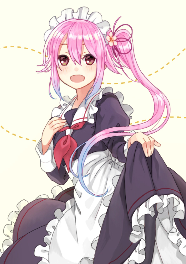 1girl alternate_costume apron bangs black_dress blush dress enmaided frilled_dress frills gradient_hair hair_between_eyes hair_flaps hair_ornament hair_ribbon hand_on_own_chest harusame_(kantai_collection) kantai_collection long_hair long_sleeves maid maid_headdress mitsuyo_(mituyo324) multicolored_hair neckerchief open_mouth pink_hair ponytail red_neckwear ribbon side_ponytail sidelocks simple_background solo white_apron yellow_background