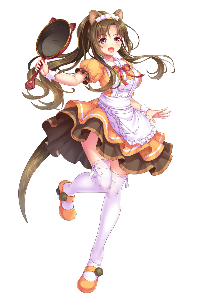 1girl animal_ears apron blush brown_hair dress eyebrows_visible_through_hair frills frying_pan full_body holding long_hair maid maid_apron maid_headdress open_mouth orange_dress orange_footwear original otosume_ruiko puffy_sleeves red_ribbon ribbon shoes short_sleeves simple_background smile solo standing standing_on_one_leg thigh-highs thighs very_long_hair violet_eyes white_apron white_background white_legwear