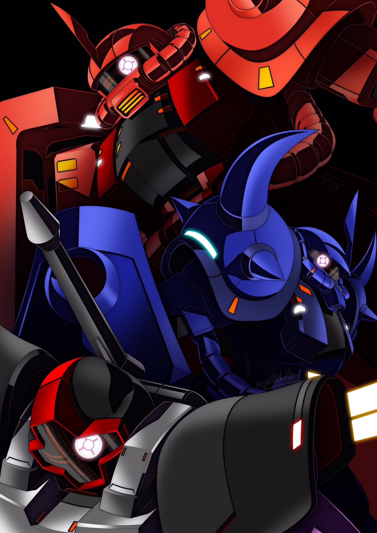 black_background close-up dom gouf gundam heyzan highres horns looking_at_viewer looking_up mecha mobile_suit_gundam no_humans one-eyed red_eyes single_horn zaku_ii_s_char_custom zeon