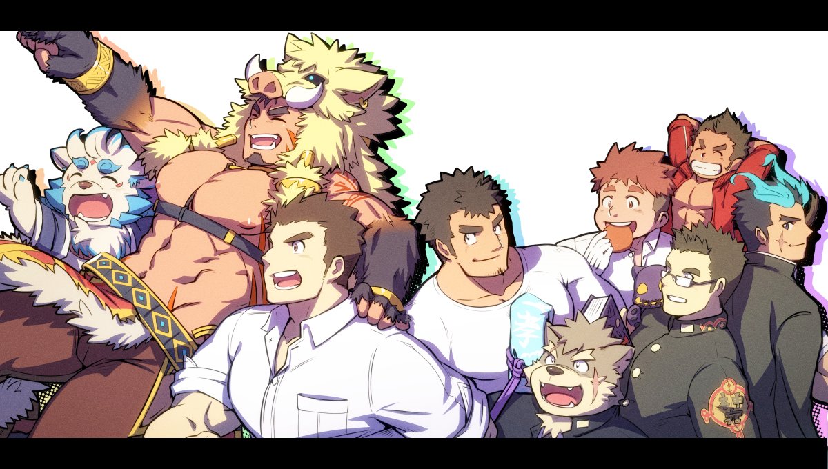6+boys abs agyo_(tokyo_houkago_summoners) animal_hood arms_behind_head bara black_hair blue_fur brown_eyes brown_fur brown_hair bulge chest chest_harness eating facial_hair fang forked_eyebrows fox_boy furry glasses goatee gullinbursti_(tokyo_houkago_summoners) hand_on_another's_shoulder harness hood kengo_(tokyo_houkago_summoners) male_focus manly master_3_(tokyo_houkago_summoners) moritaka_(tokyo_houkago_summoners) multiple_boys musashi_(tokyo_houkago_summoners) muscle navel nipples orange_hair pectorals revealing_clothes ryota_(tokyo_houkago_summoners) shiro_(tokyo_houkago_summoners) shirtless short_hair sideburns thick_thighs thighs toji_(tokyo_houkago_summoners) tokyo_houkago_summoners two-tone_fur waku_(ayamix) white_background white_fur
