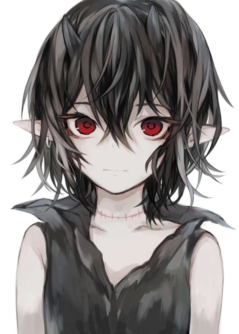 1girl bangs bare_shoulders black_hair black_shirt closed_mouth collarbone commentary_request demon_horns earrings eyebrows_behind_hair hair_between_eyes hasunokaeru horns jewelry original pointy_ears red_eyes shirt simple_background sleeveless sleeveless_shirt solo stitches upper_body white_background
