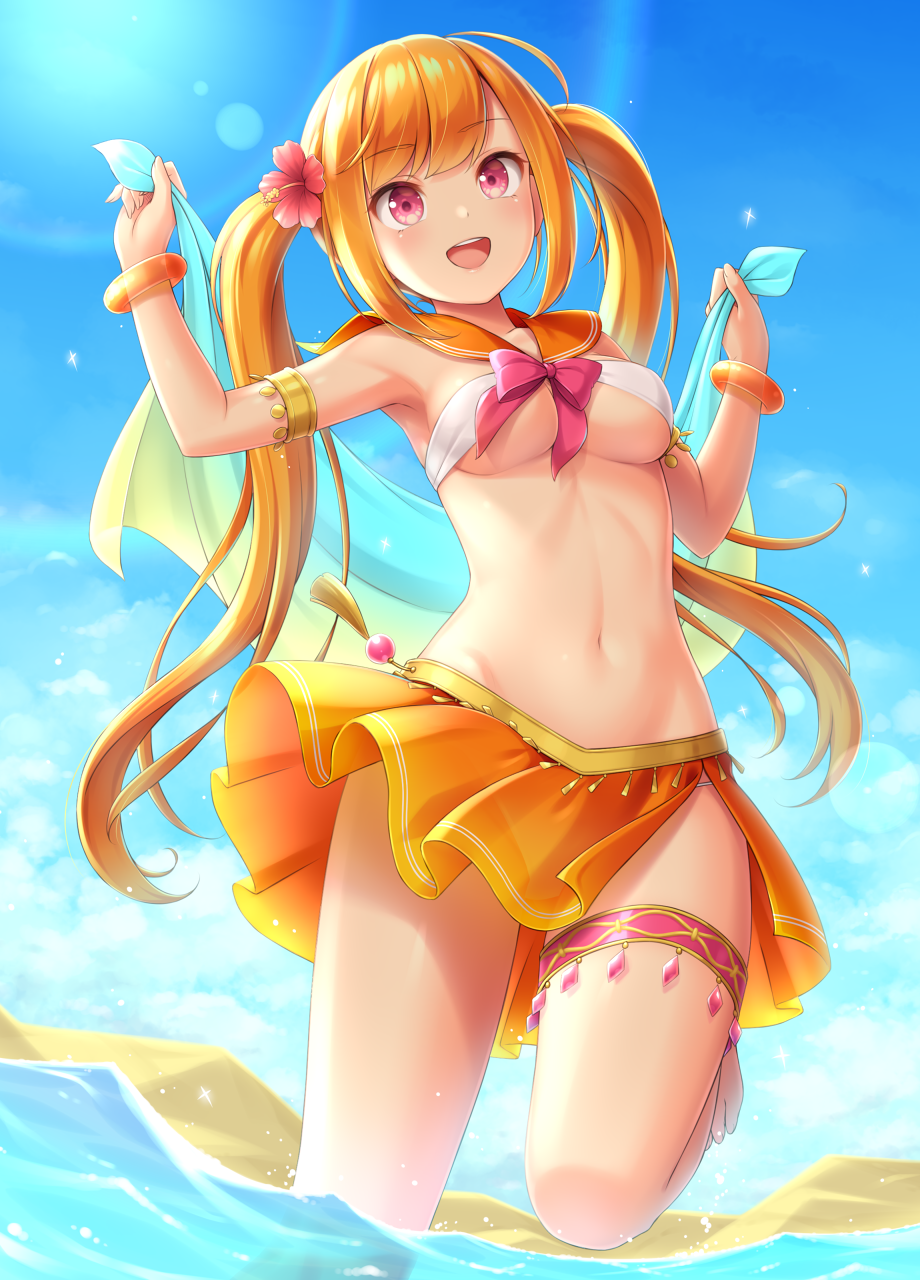 1girl :d ahoge armlet armpits arms_up bikini_skirt blue_sky breasts day flower hair_flower hair_ornament hibiscus highres holding long_hair medium_breasts navel open_mouth orange_hair orange_skirt original outdoors red_eyes sailor_bikini sailor_collar sasaame side_slit skirt sky smile solo stomach sunlight thigh_strap thighs twintails under_boob very_long_hair wading water