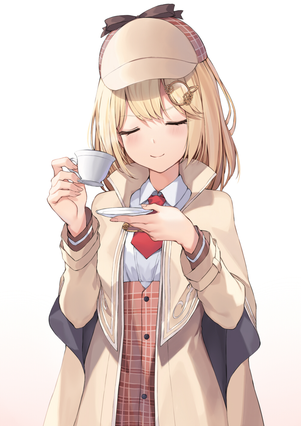 1girl blonde_hair capelet closed_eyes coat commentary cup deerstalker hat highres holding holding_cup holding_plate hololive hololive_english light_blush long_sleeves medium_hair necktie pak_ce plate red_neckwear simple_background smile solo teacup upper_body virtual_youtuber watson_amelia white_background