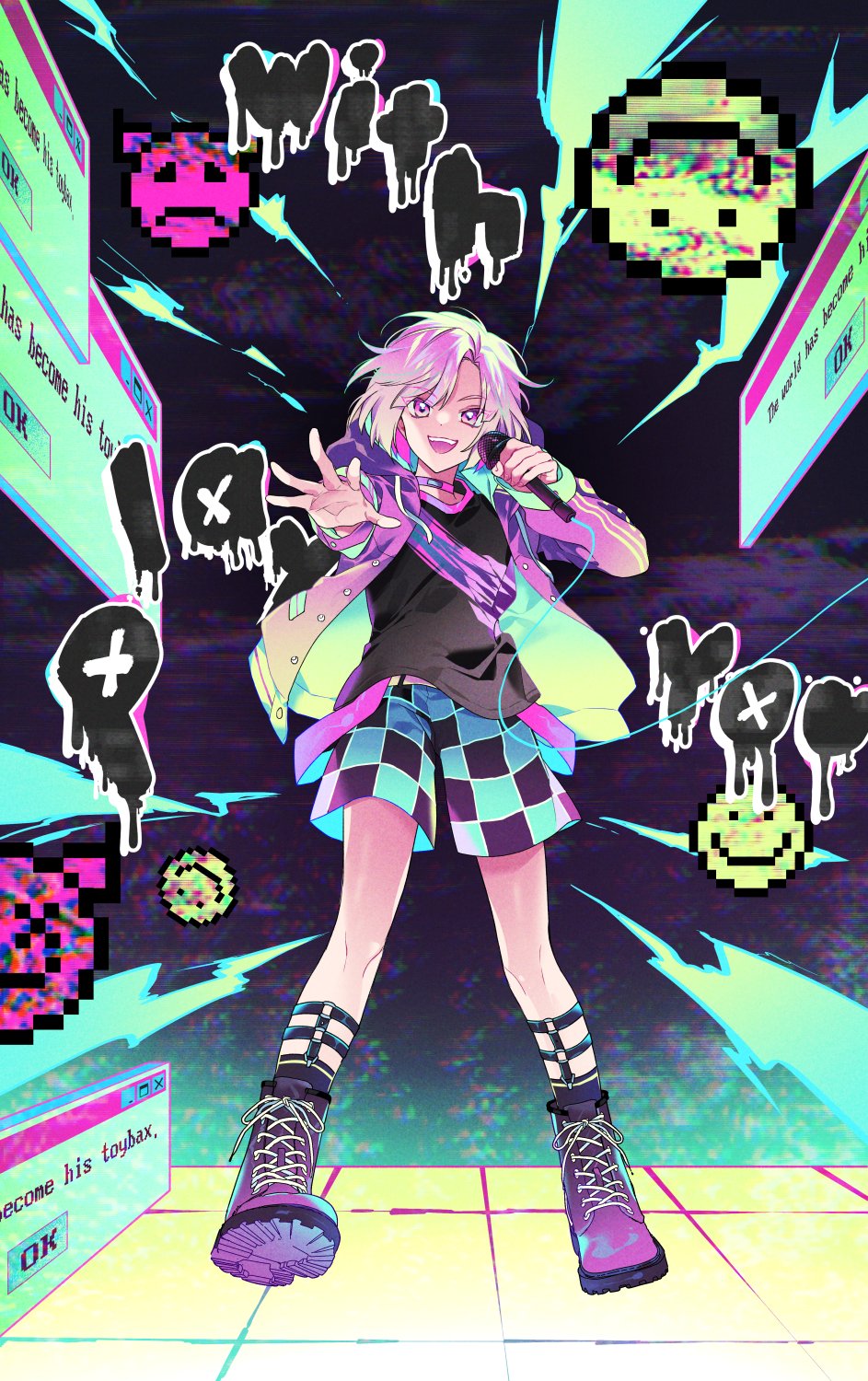 175x172nyrn 1boy androgynous argonavis_from_bang_dream! bang_dream! bob_cut boots english_text error full_body glitch highres hood hooded_jacket jacket male_focus microphone outstretched_arm outstretched_hand pink_hair pixelated short_hair shorts solo ujigawa_shuu