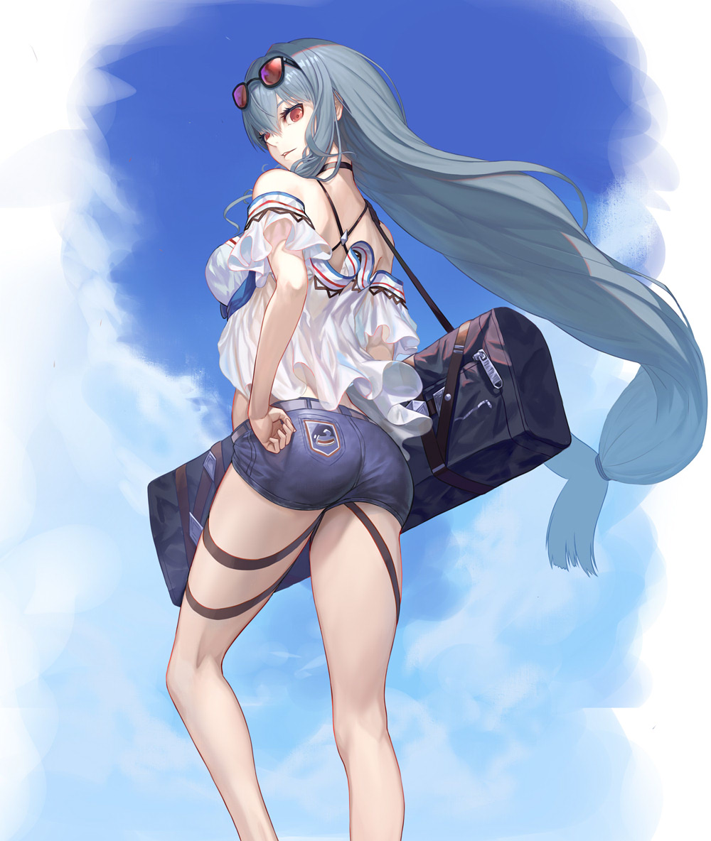 1girl arknights ass bag bare_shoulders black_choker blue_sky breasts choker commentary_request day eyewear_on_head feet_out_of_frame from_behind long_hair looking_at_viewer looking_back low-tied_long_hair medium_breasts no_hat no_headwear off-shoulder_shirt off_shoulder partial_commentary red_eyes saikoro_(et1312) shirt short_sleeves sidelocks silver_hair skadi_(arknights) sky solo standing sunglasses thigh_strap thighs very_long_hair white_shirt