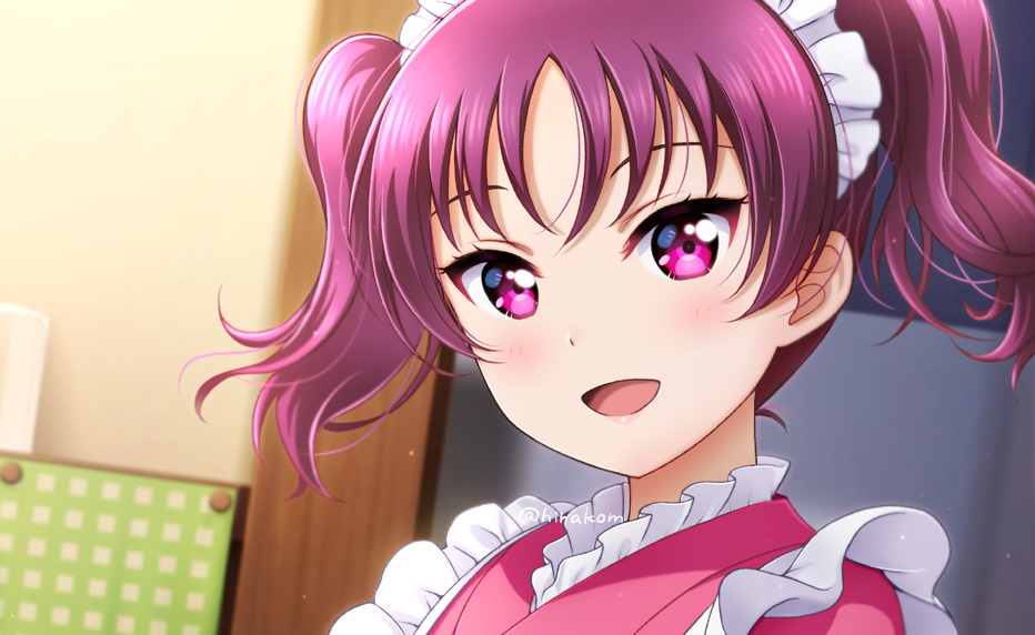 1girl commentary_request hirako kazuno_leah light_blush love_live! love_live!_school_idol_project love_live!_sunshine!! maid maid_headdress open_mouth purple_hair smile solo twintails upper_body violet_eyes