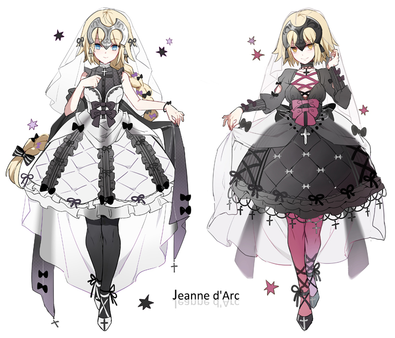 2girls bangs bare_shoulders black_bow black_dress black_footwear black_legwear black_ribbon blonde_hair blue_eyes bow braid breasts center_frills character_name closed_mouth commentary_request cross dress fate/grand_order fate_(series) frills full_body headpiece jeanne_d'arc_(alter)_(fate) jeanne_d'arc_(fate) jeanne_d'arc_(fate)_(all) leopardtiger long_braid long_hair long_sleeves looking_at_viewer medium_breasts multiple_girls pantyhose pink_legwear ribbon see-through simple_background single_braid sleeveless sleeveless_dress smile standing veil white_background white_dress white_footwear yellow_eyes