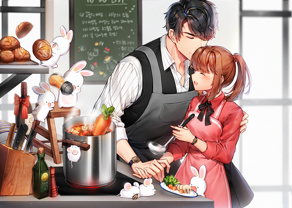 1boy 1girl apron black_bow bottle bow bread brown_hair carrot closed_eyes food hand_on_another's_arm hetero holding_hands iji_(u_mayday) indoors knife knife_block ladle li_zeyan long_sleeves love_and_producer mushroom pepper_shaker ponytail pot protagonist_(love_and_producer) rabbit red_bow sidelocks steam stepladder stove watch watch wine_bottle