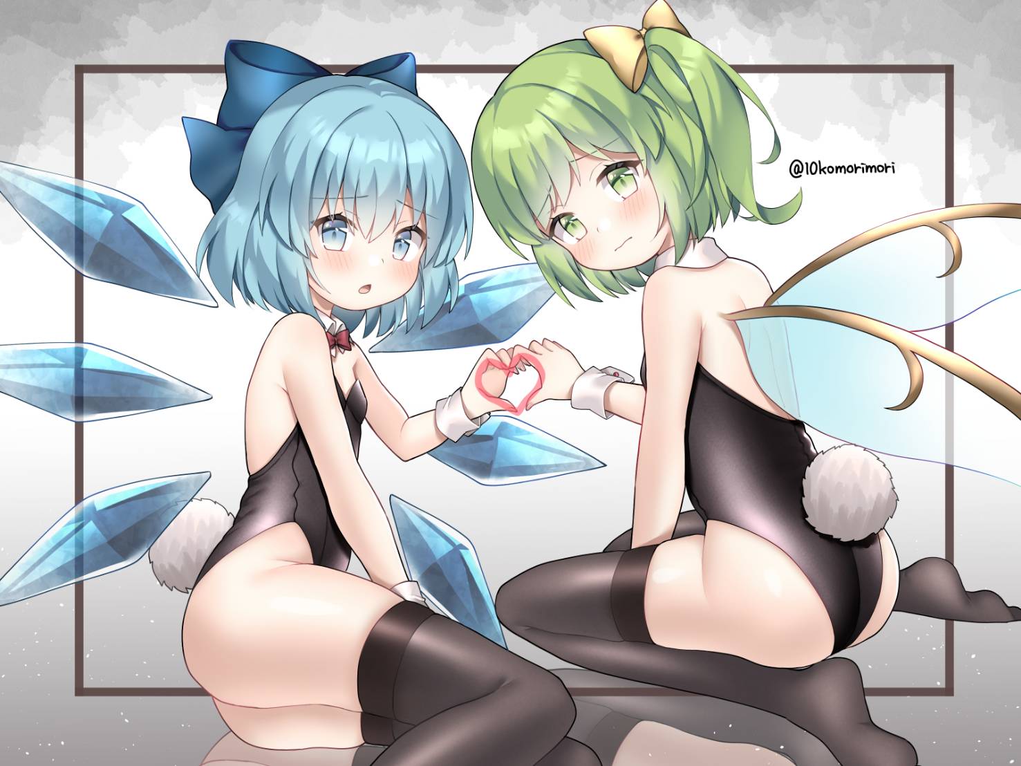 2girls alternate_costume ass bangs bare_arms bare_shoulders black_legwear black_leotard blue_bow blue_eyes blue_hair blue_wings blush bow bowtie bunny_girl bunny_tail bunnysuit cirno closed_mouth commission daiyousei detached_collar eyebrows_visible_through_hair fairy_wings fake_tail green_eyes green_hair grey_background hair_between_eyes hair_bow heart heart_hands heart_hands_duo ice ice_wings juugou_taki leotard looking_at_viewer medium_hair multiple_girls red_neckwear sitting tail thigh-highs touhou transparent_wings twitter_username wings wrist_cuffs yellow_bow