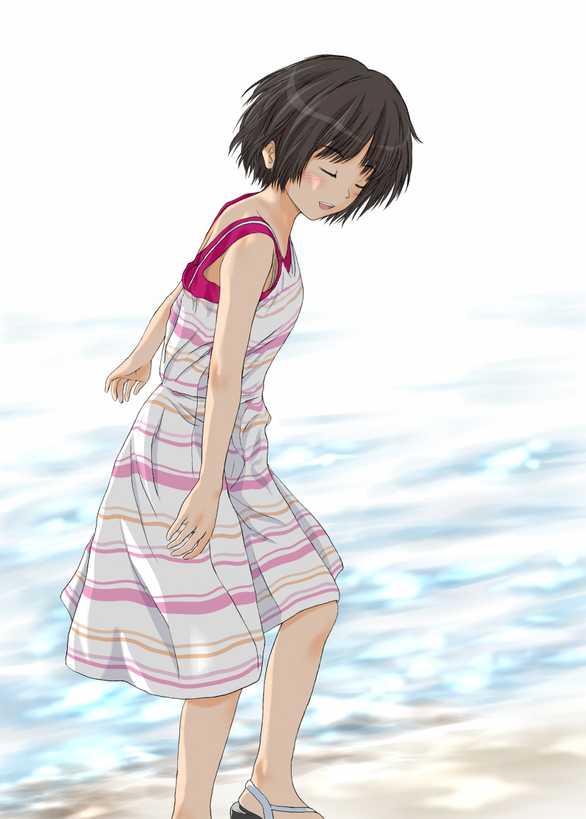 1girl amagami blush brown_hair closed_eyes commentary_request dress feet_out_of_frame horizontal_stripes keisuke_(0320030103200301) open_mouth sandals short_hair smile solo strapless strapless_dress striped striped_dress tachibana_miya