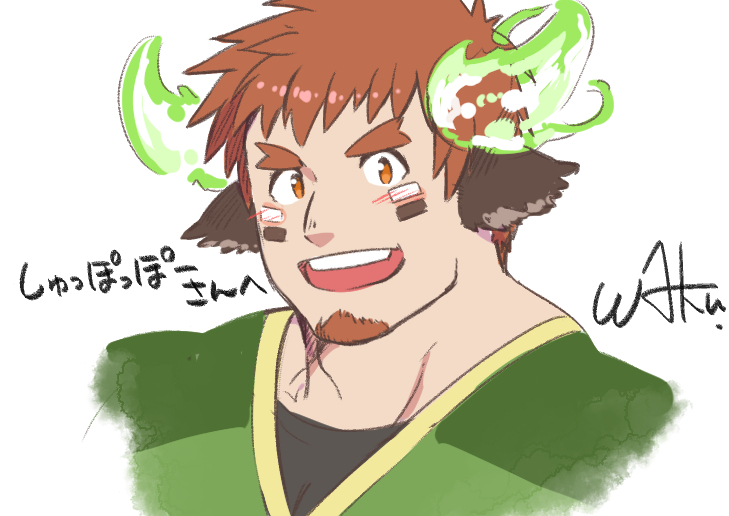 1boy animal_ears bangs brown_hair cropped_shoulders facial_hair forked_eyebrows glowing_horns goatee horns looking_at_viewer male_focus manly muscle rugby_uniform short_hair sketch smile solo sportswear thick_eyebrows tokyo_houkago_summoners wakan_tanka waku_(ayamix)