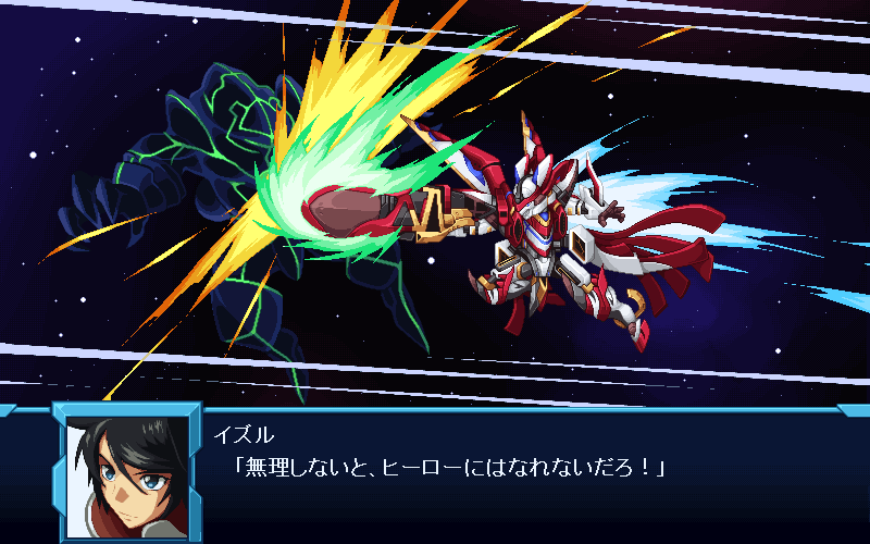 black_hair blue_eyes character_name fake_screenshot fighting flying gun hitachi_izuru holding holding_gun holding_weapon majestic_prince mecha open_hand pixel_art red_five space srw_battle_screen super_robot_wars warabin_(suteki_denpun) weapon