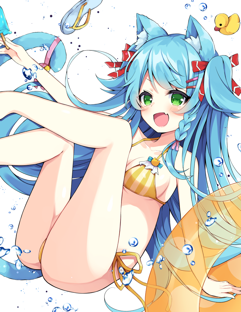1girl :d animal_ear_fluff animal_ears bangs bare_arms bare_legs bare_shoulders bell bikini blue_footwear blue_hair blush bow braid breasts cat_ears cat_girl cat_tail commentary eyebrows_visible_through_hair fang feet_out_of_frame food green_eyes hair_bow holding holding_food innertube jingle_bell legs_up long_hair maki_soutoki medium_breasts open_mouth original pink_ribbon popsicle red_bow ribbon rubber_duck sandals side-tie_bikini simple_background smile solo striped swimsuit symbol_commentary tail tail_bell tail_raised tail_ribbon transparent two_side_up vertical-striped_bikini vertical_stripes very_long_hair white_background