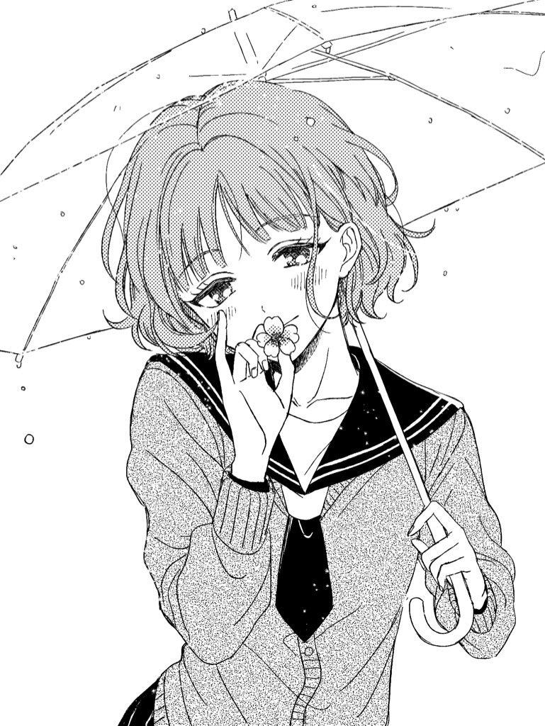 1girl baburo cardigan carrying_over_shoulder character_request eyelashes flat_chest flower greyscale hair_over_one_eye hair_strand head_tilt holding holding_flower holding_umbrella long_sleeves looking_at_viewer monochrome necktie pinky_out school_uniform serafuku short_hair simple_background smile solo transparent transparent_umbrella umbrella upper_body world_trigger