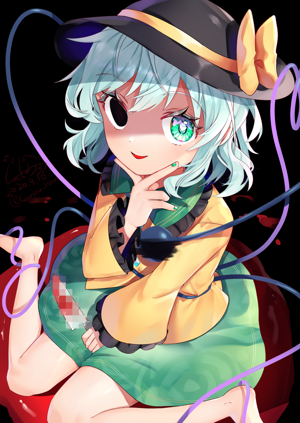1girl :&gt; arm_up bangs barefoot black_background black_eyes black_headwear blue_hair censored collar dated eyebrows_visible_through_hair fingernails floral_print foreshortening frilled_shirt_collar frilled_sleeves frills green_collar green_eyes green_nails green_skirt gunjou_row hand_on_lap hand_on_own_chin hat hat_ribbon heart heart-shaped_pupils heart_of_string heterochromia highres holding holding_knife horror_(theme) knife komeiji_koishi long_sleeves looking_at_viewer mosaic_censoring nail_polish parted_lips pool_of_blood ribbon rose_print shaded_face shirt short_hair signature simple_background sitting skirt solo symbol-shaped_pupils third_eye touhou twitter_username wariza yellow_shirt