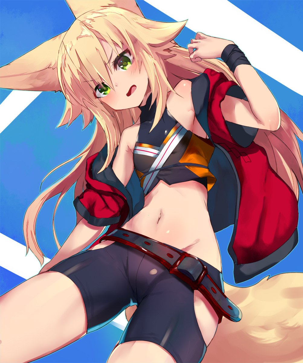 1girl animal_ears belt bike_shorts blonde_hair blush breasts eyebrows_visible_through_hair fox_ears fox_girl fox_tail green_eyes highres hip_bones jacket kokonoe_tsubaki long_hair midriff navel open_mouth original shoulders sleeveless sleeveless_jacket small_breasts tagme tail yoshizawa_tsubaki