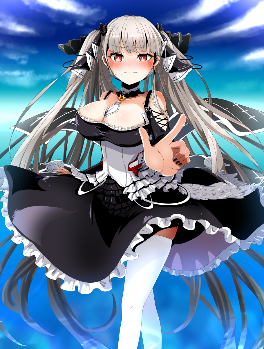 1girl azur_lane bangs between_breasts black_dress black_nails blunt_bangs blush breasts closed_eyes detached_collar dress earrings embarrassed formidable_(azur_lane) frilled_dress frills highres houshi jewelry large_breasts long_hair looking_at_viewer ocean off-shoulder_dress off_shoulder platinum_blonde_hair pointing pointing_at_viewer red_eyes sky solo thigh-highs turret two-tone_dress two-tone_ribbon very_long_hair white_legwear