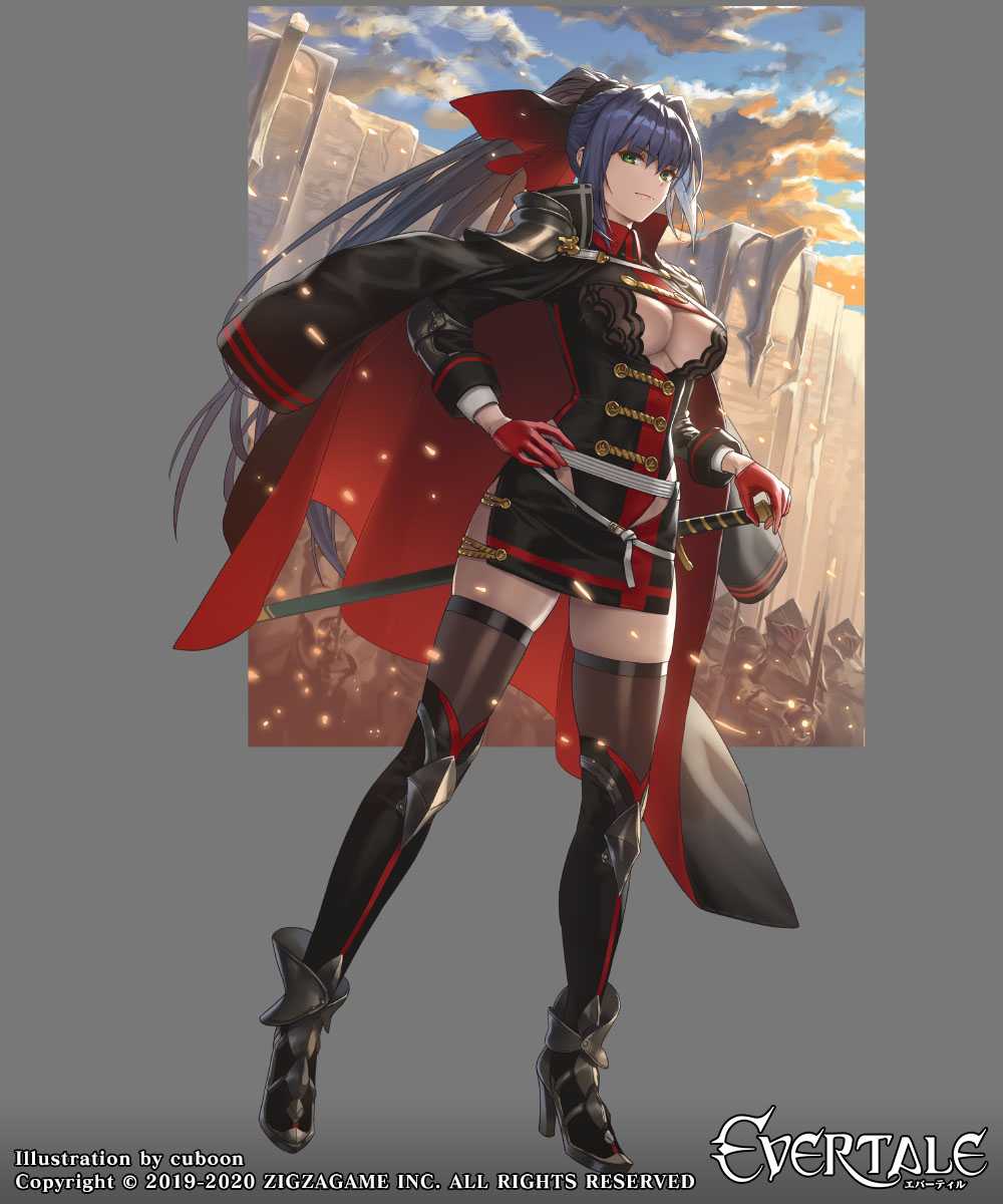 1girl artist_name bangs battlefield black_dress blue_hair blue_sky breasts cape cleavage_cutout closed_mouth clouds commentary_request copyright_name cuboon dress evertale full_body gloves green_eyes hair_between_eyes hair_intakes hand_on_hip high_heels high_ponytail highres holding holding_sword holding_weapon jacket jacket_on_shoulders knight large_breasts long_hair looking_at_viewer looking_to_the_side ludmilla military military_uniform miniskirt official_art photoshop_(medium) red_gloves red_ribbon ribbon sheath sheathed side_slit skirt sky solo standing sword thigh-highs thighs uniform very_long_hair wall watermark weapon