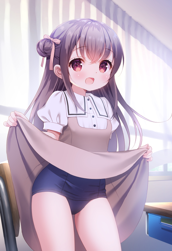 1girl :d bangs blue_swimsuit blush bow breasts brown_bow brown_dress brown_hair chair chitosezaka_suzu collared_shirt commentary_request curtains desk dress dress_lift dress_shirt eyebrows_visible_through_hair hair_between_eyes hair_bow hair_bun indoors lifted_by_self long_hair looking_at_viewer old_school_swimsuit open_mouth original puffy_short_sleeves puffy_sleeves red_eyes school_chair school_desk school_swimsuit school_uniform shirt short_sleeves side_bun sleeveless sleeveless_dress small_breasts smile solo standing swimsuit swimsuit_under_clothes transparent very_long_hair white_shirt window