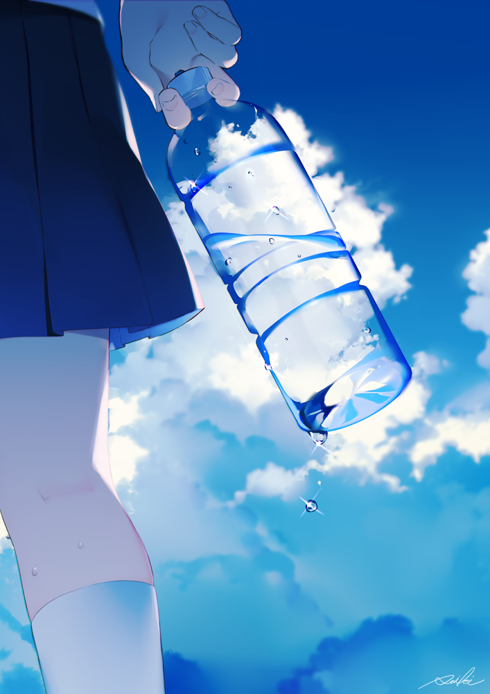 1girl achiki blue_skirt blue_sky blue_theme bottle close-up clouds cloudy_sky holding holding_bottle kneehighs lower_body original pleated_skirt scenery signature skirt sky solo transparent water water_bottle water_drop white_legwear