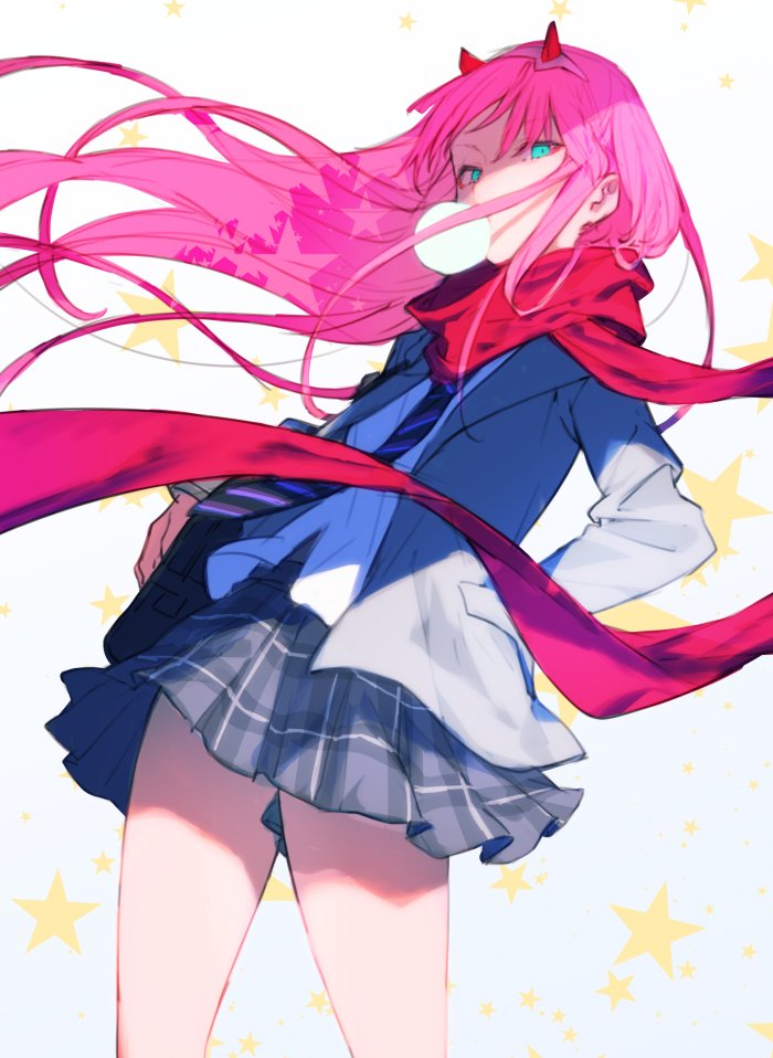 1girl bukurote coat darling_in_the_franxx grey_coat hairband hands_in_pockets horns jacket long_hair necktie oni_horns parka pink_hair pleated_skirt red_horns red_scarf scarf school_uniform shirt skirt solo standing straight_hair white_hairband zero_two_(darling_in_the_franxx)