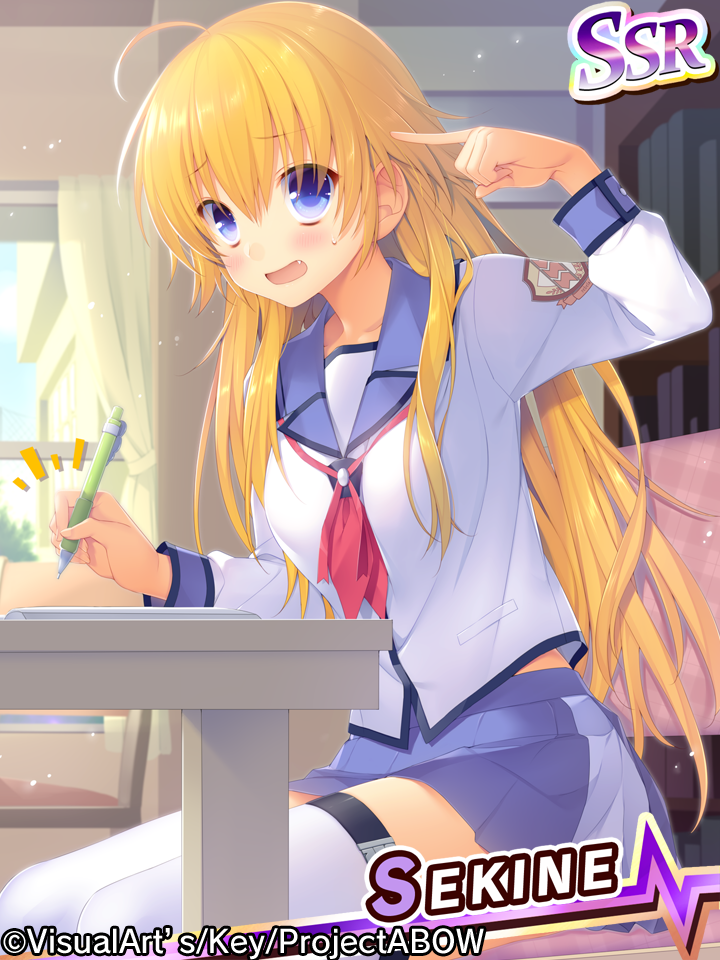 1girl ahoge angel_beats! bangs blonde_hair blue_eyes breasts card_(medium) character_name commentary_request eyebrows_visible_through_hair hair_between_eyes holding holding_pencil long_hair long_sleeves looking_at_viewer mechanical_pencil official_art pencil sakura_neko school_uniform sekine serafuku shinda_sekai_sensen_uniform solo thigh-highs