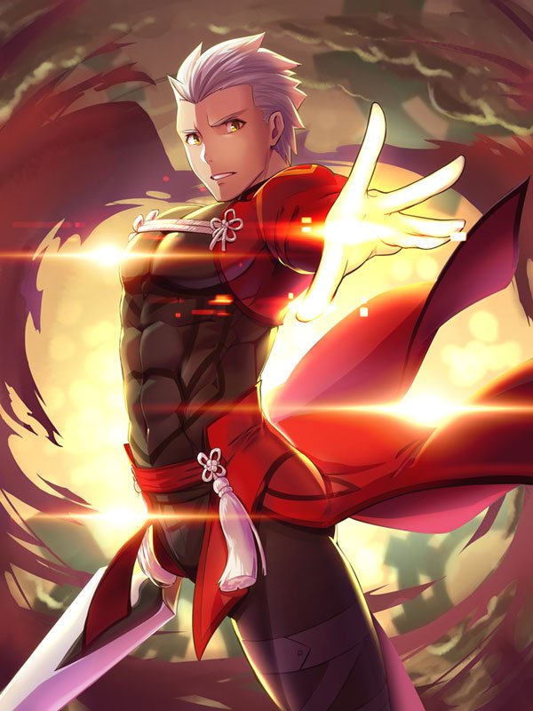 1boy archer armor brown_eyes bulge clouds cloudy_sky covered_abs covered_navel fate/stay_night fate_(series) glowing kanshou_&amp;_bakuya long_sleeves male_focus short_hair shrug_(clothing) sky solo sword tight unlimited_blade_works waku_(ayamix) weapon white_hair