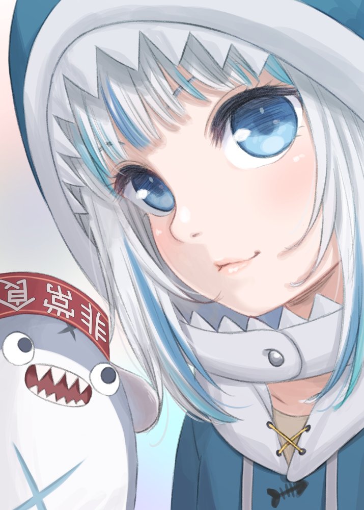 1girl animal_hood bangs blue_eyes blue_hair blue_hoodie blush closed_mouth cross_scar fish_skeleton gawr_gura headband hololive hololive_english hood kyak_bamboo looking_at_viewer multicolored_hair open_mouth shark shark_costume shark_hood sharp_teeth streaked_hair teeth virtual_youtuber white_hair