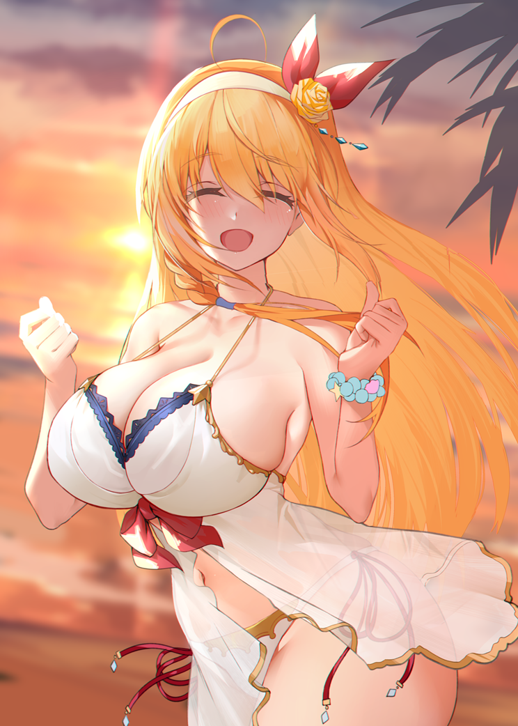 1girl ahoge backlighting bare_arms bare_shoulders bikini breasts closed_eyes cowboy_shot facing_viewer flower hair_flower hair_ornament hairband happy large_breasts long_hair navel open_mouth orange_hair orange_sky outdoors pecorine princess_connect! princess_connect!_re:dive see-through sky smile solo standing summer sunset swimsuit white_bikini white_hairband xiujia_yihuizi