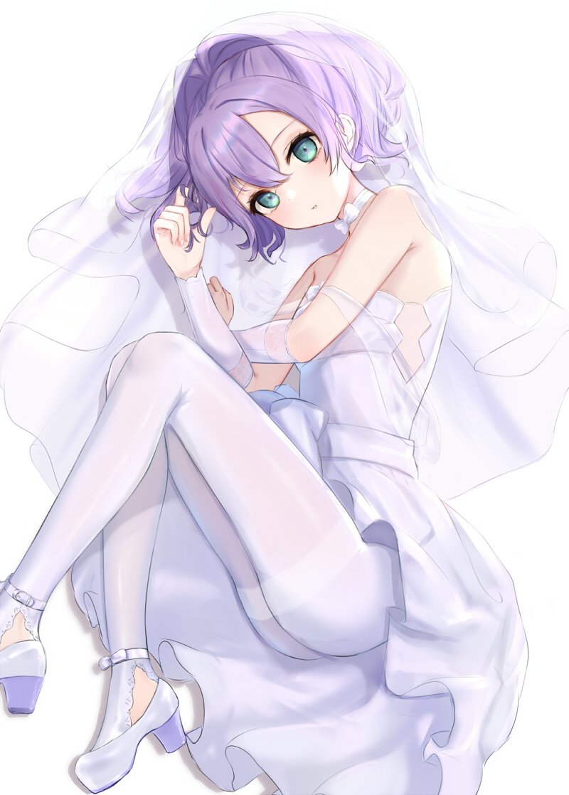 1girl azur_lane blue_eyes blush choker detached_sleeves dress ears eyebrows_visible_through_hair hair_twirling javelin_(azur_lane) looking_at_viewer lying on_side open_mouth pantyhose purple_hair ribbon veil wedding_dress white_background white_footwear white_legwear white_ribbon yanagi_(hgkaikai)