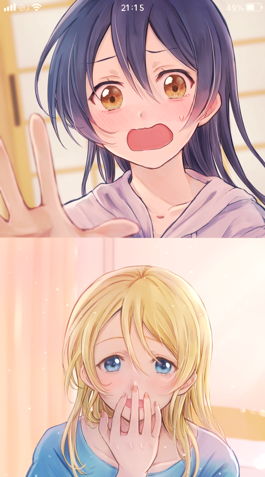 2girls ayase_eli bangs blonde_hair blue_eyes blue_hair blush embarrassed long_hair love_live! love_live!_school_idol_project multiple_girls nose_blush open_mouth raised_eyebrows smile sonoda_umi suito wavy_mouth yellow_eyes