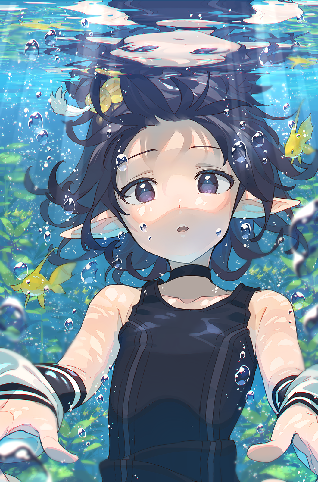 1girl animal bare_shoulders black_hair black_swimsuit bubble choker fish flat_chest highres long_hair looking_at_viewer narumi_arata one-piece_swimsuit open_mouth original pointy_ears reflection solo swimsuit underwear