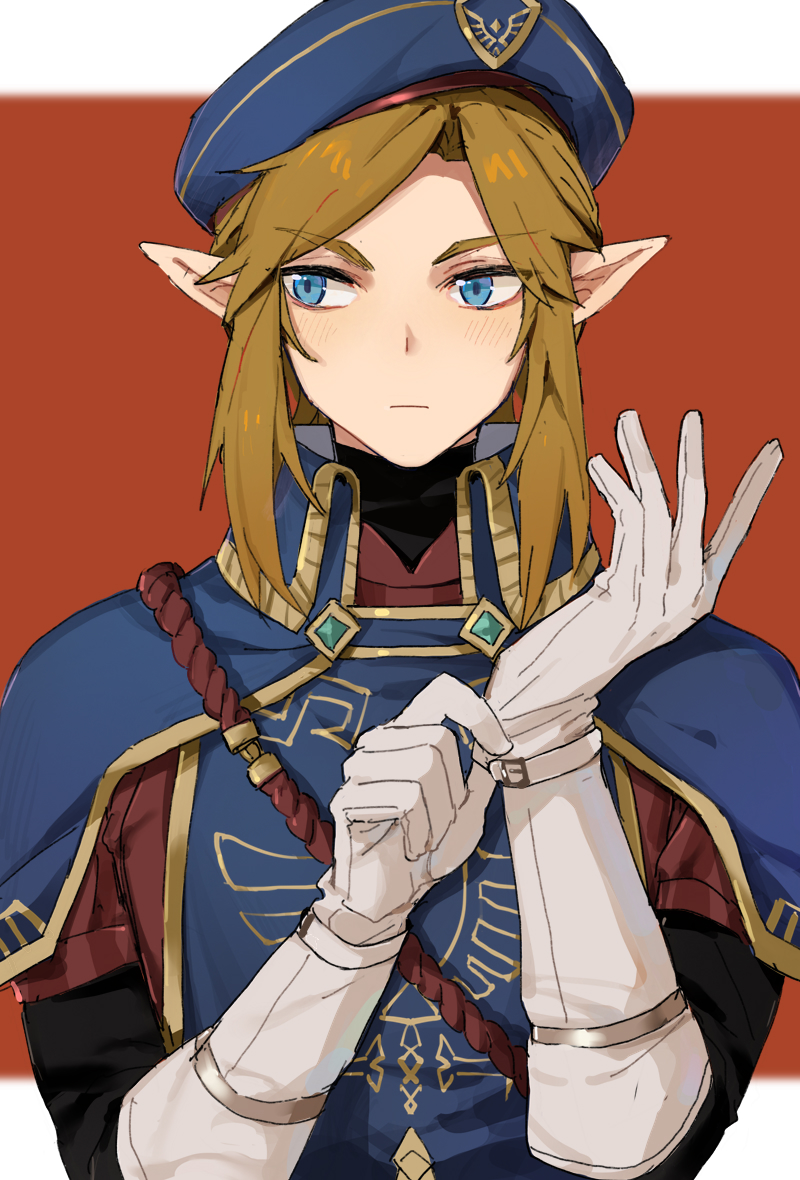 1boy adjusting_clothes adjusting_gloves alternate_costume bangs blue_eyes blush border brown_hair closed_mouth commentary_request gloves hands_up hat leopardtiger link looking_at_viewer male_focus pointy_ears red_background sidelocks solo tabard the_legend_of_zelda the_legend_of_zelda:_breath_of_the_wild upper_body white_border white_gloves