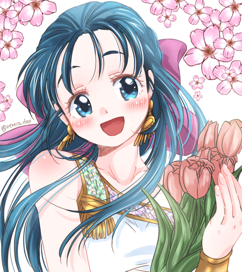 1girl :d blue_eyes blue_hair blush bow bracelet commentary_request dragon_quest dragon_quest_v earrings flora_(dq5) floral_background flower hair_bow half_updo jewelry long_hair looking_at_viewer neneco_dqx open_mouth sleeveless smile solo twitter_username